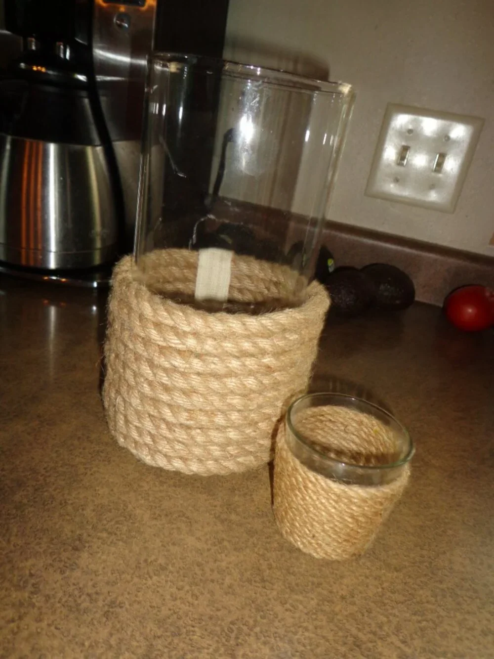 Lot of 2 Nautical Candle Holders Rope Glass Coastal Pillar & Tea Light Candle